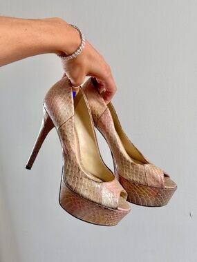 100% GENUINE PYTHON SNAKESKIN LEATHER VINTAGE BRIAN Atwood Nude Peep HEELS pumps